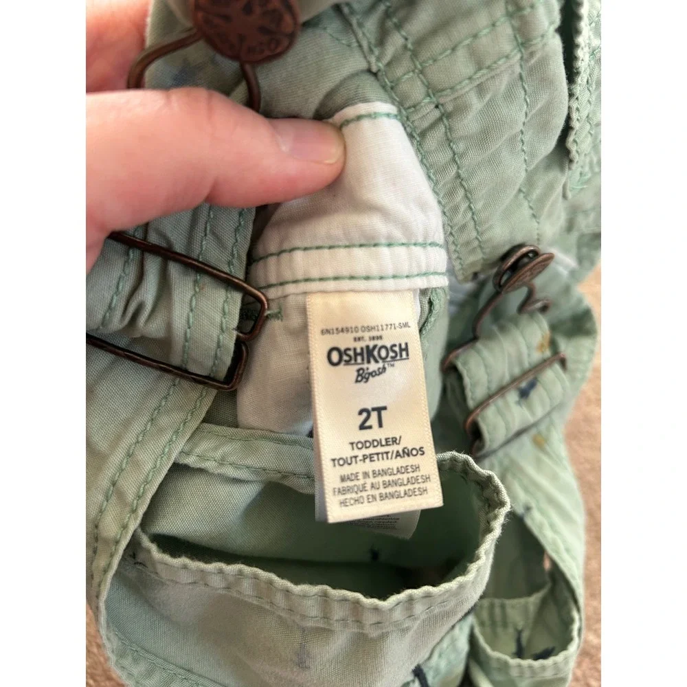OshKosh B'gosh Toddler 2T Green Shark Print Vestbak Shortall Overalls